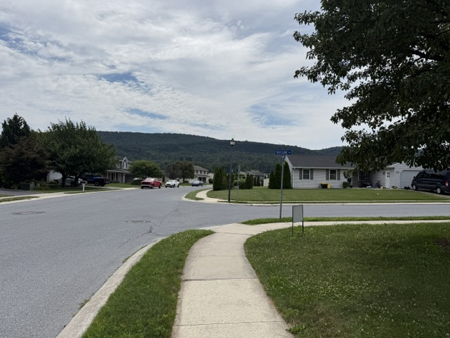Sidewalks and detached homes in Newburg Village in Newmanstown Pennsylvania.