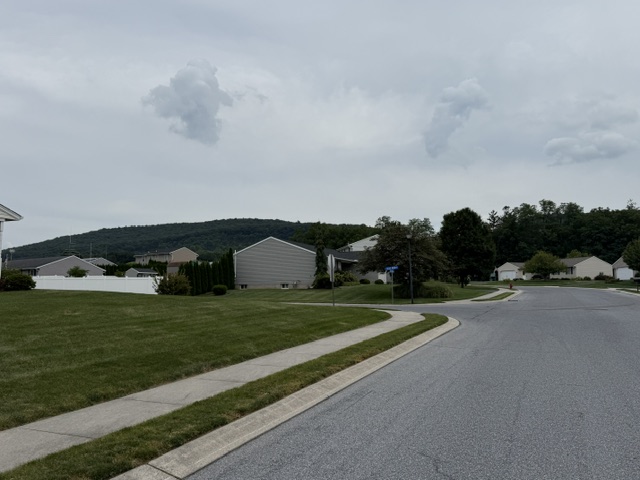 Curving residential street in Newburg Village Newmanstown PA with homes and wooded hills.