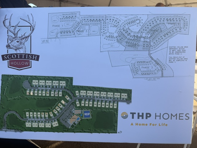Scottish Hollow Phase 1 site plan showing home lots, roads, planned amenities, and current sales activity.
